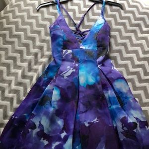 purple and blue flowered formal dress